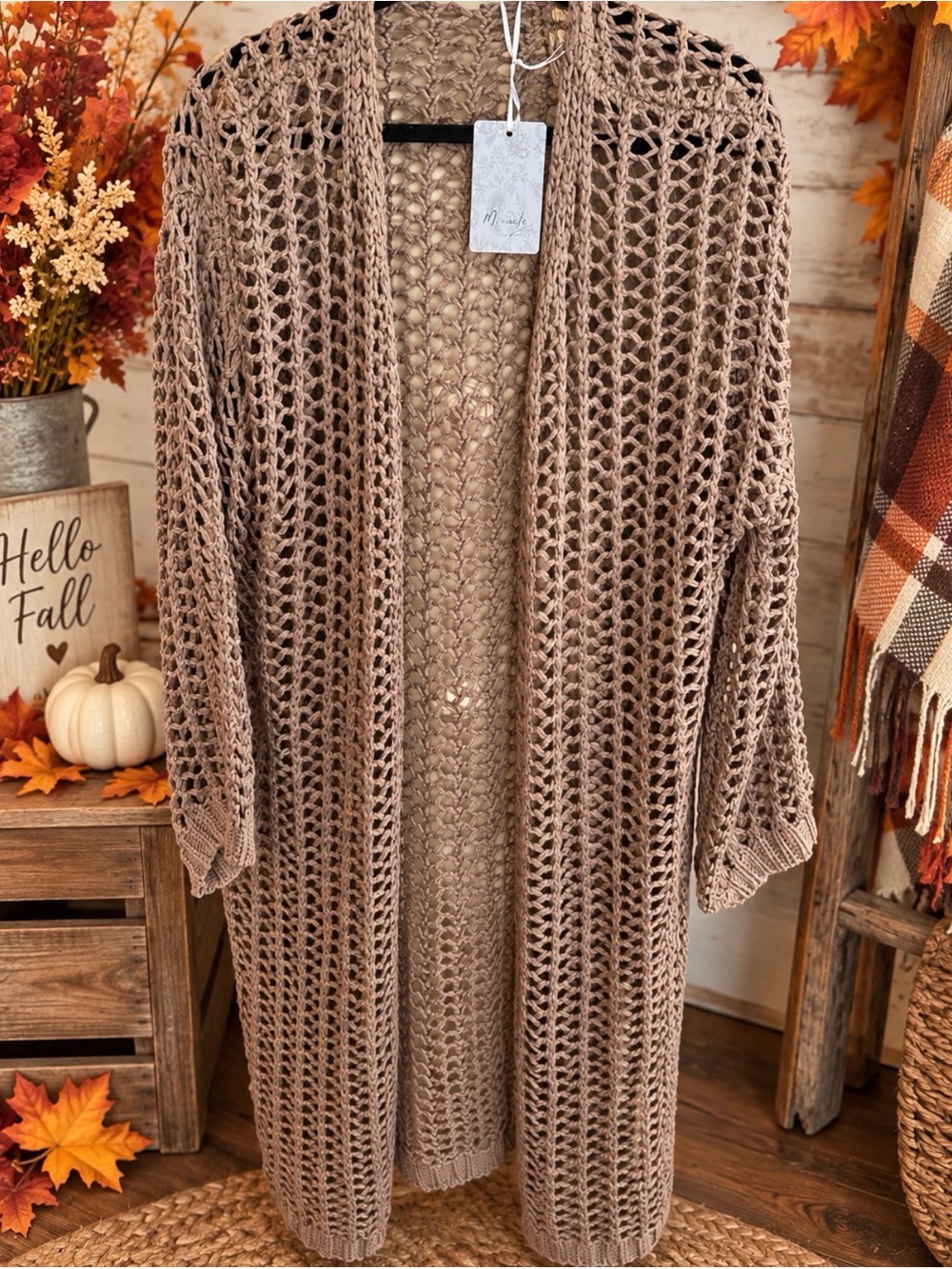 Miracle Taupe Crochet Longline Cardigan